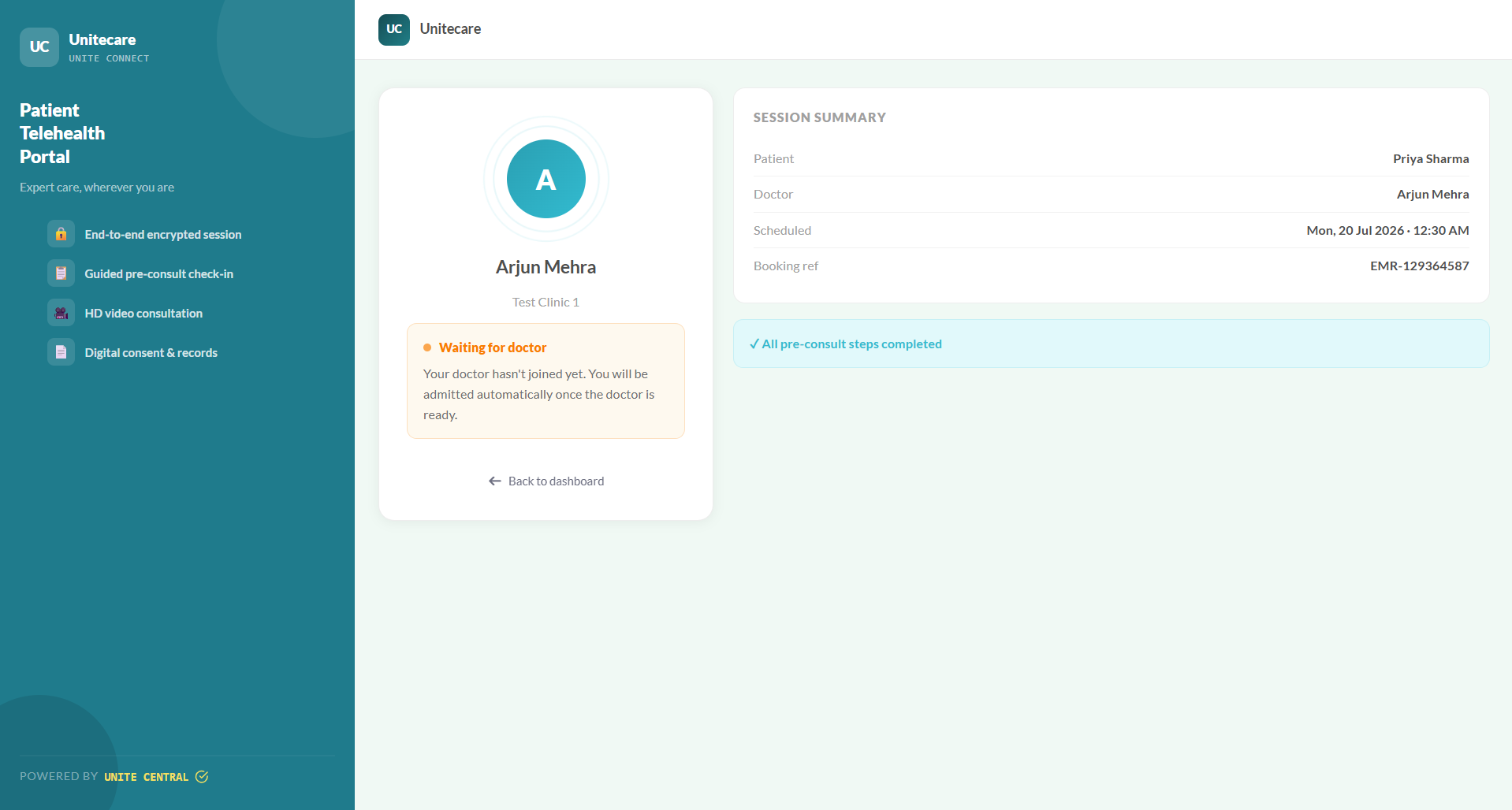 Waiting room screen showing assigned doctor