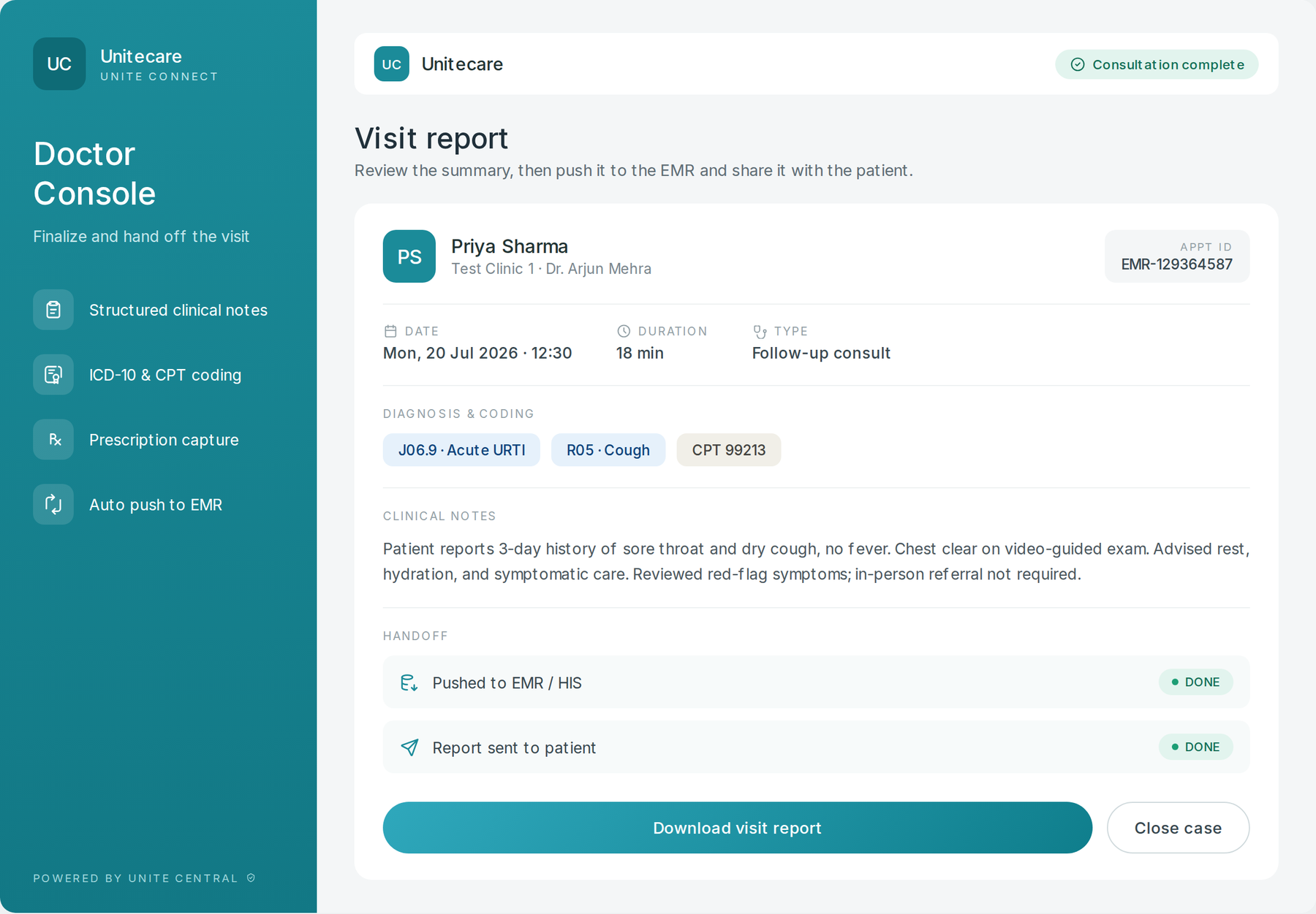 Physician visit report screen with diagnosis codes, clinical notes, and EMR handoff