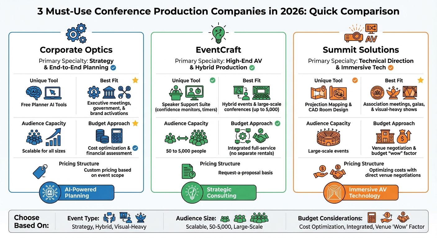 Conference Production Companies Comparison: Corporate Optics vs EventCraft vs Summit Solutions