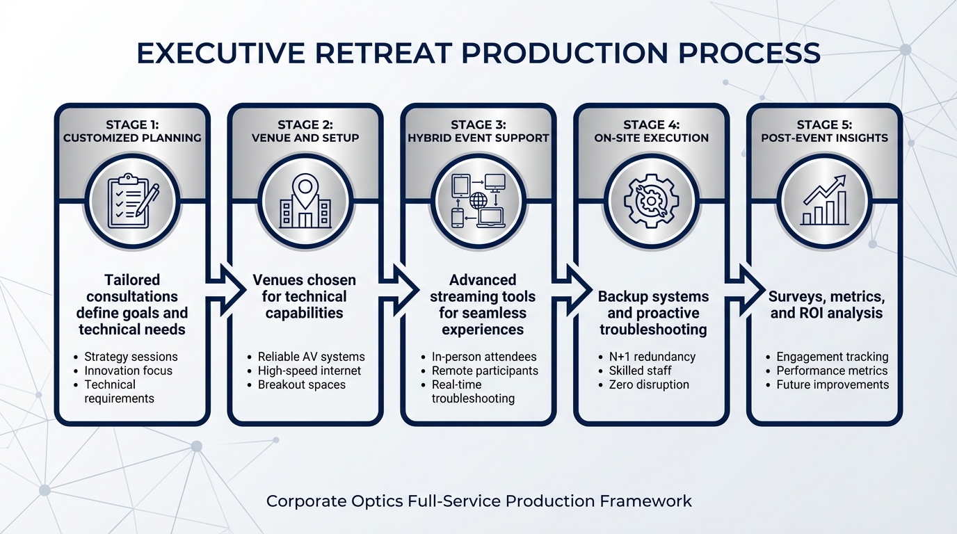5-Stage Executive Retreat Production Process with Technical Support