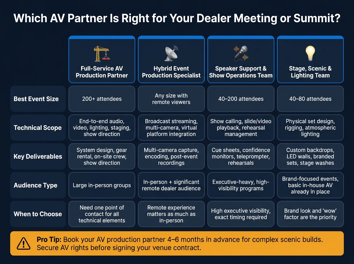 AV Partner Types for Dealer Meetings & Summits: Quick Comparison Guide