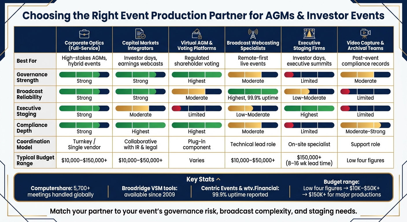Event Production Company Types for AGMs & Investor Events: Quick Comparison Guide