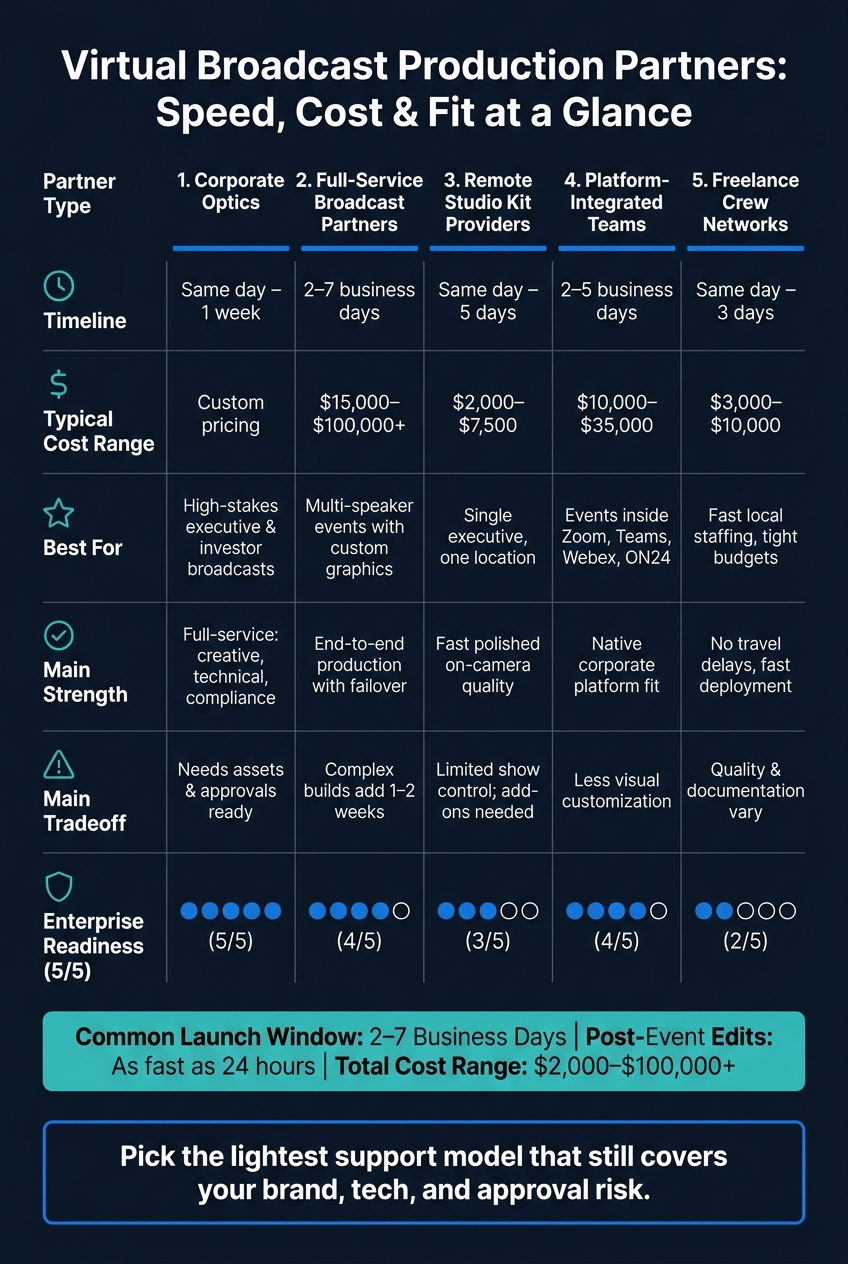 Virtual Broadcast Production Partners: Speed, Cost & Fit at a Glance