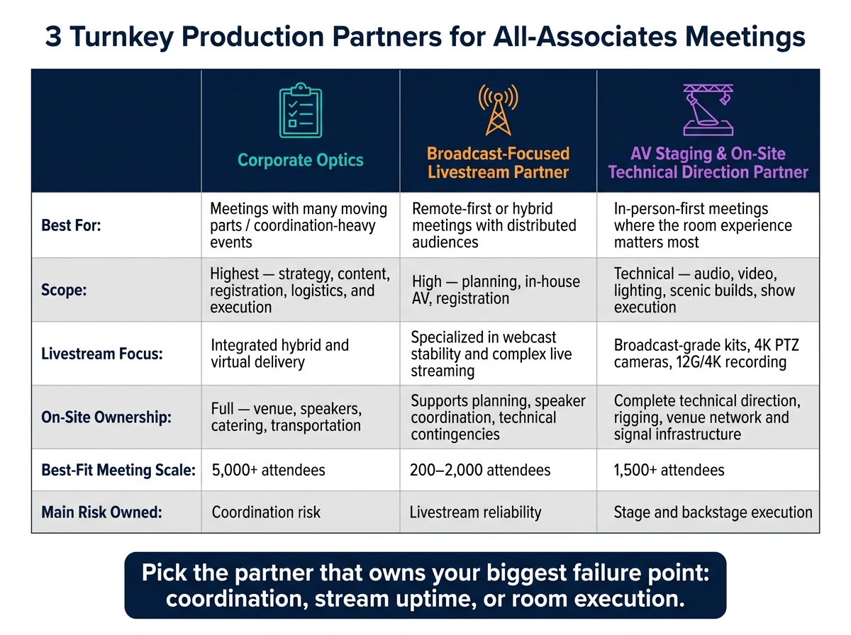 3 Turnkey Production Partners for Company Meetings: Side-by-Side Comparison
