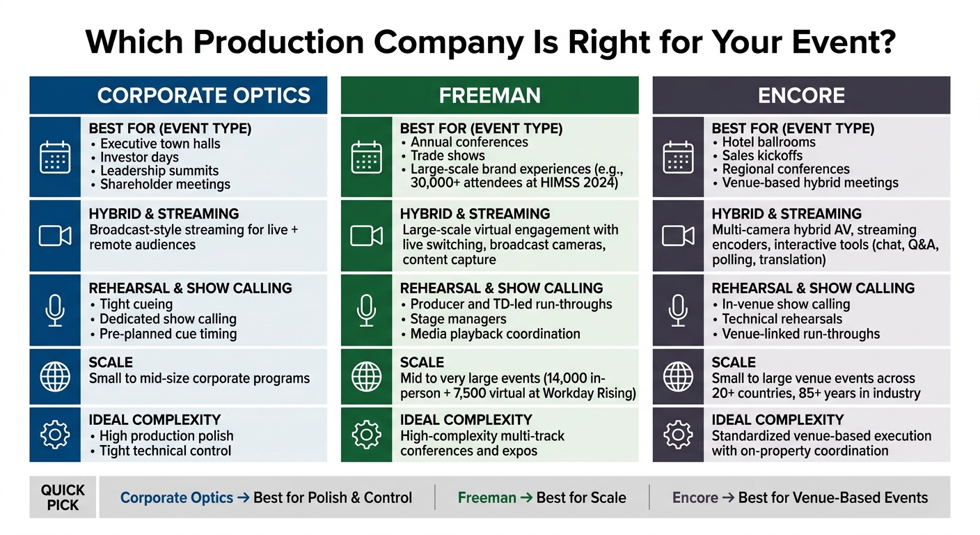 Corporate Optics vs Freeman vs Encore: Production Company Comparison