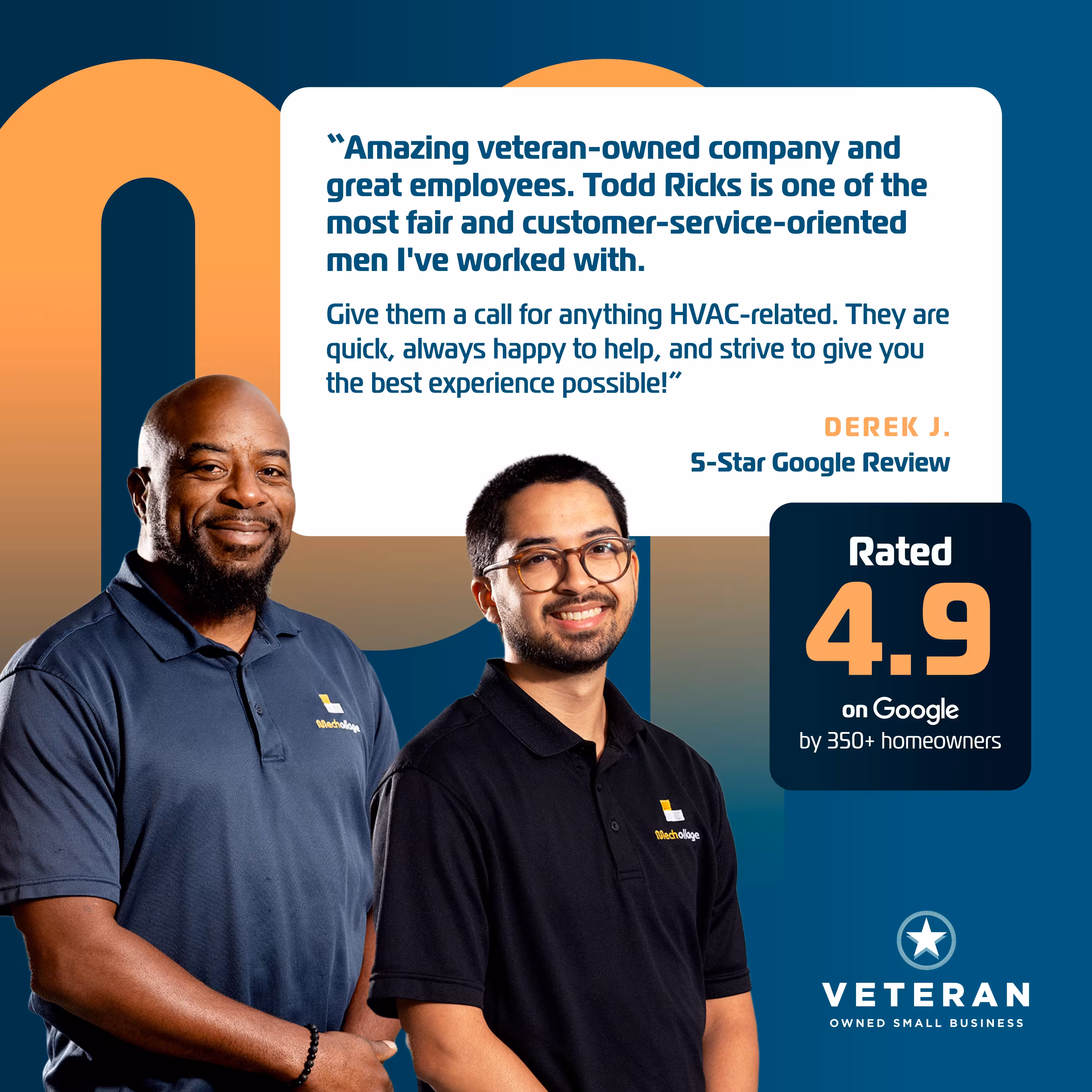 Two Mechollage technicians beside a 5-star Google review praising the veteran-owned team, with a badge showing a 4.9 Google rating from 250+ homeowners.