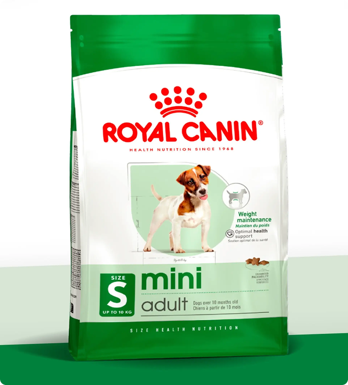 Bag of Royal Canin Mini Adult dog food featuring a small dog and green accents.