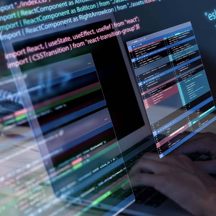 Person coding on a laptop with React-related code projected around, showing imports, icons, and ESLint config in a futuristic workspace.