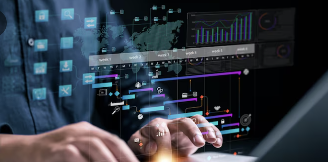 Person typing on laptop with overlaid charts, icons, and a multiple-week timeline; a world map hints at global project management and data visualization.