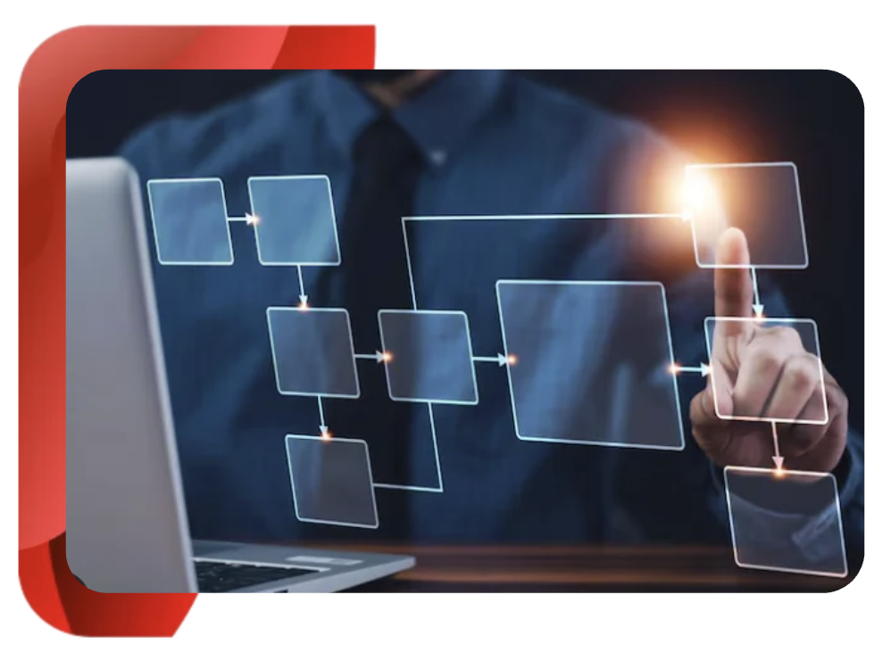 A businessman using a glowing digital diagram to improve a complex workflow and eliminate inefficiencies.