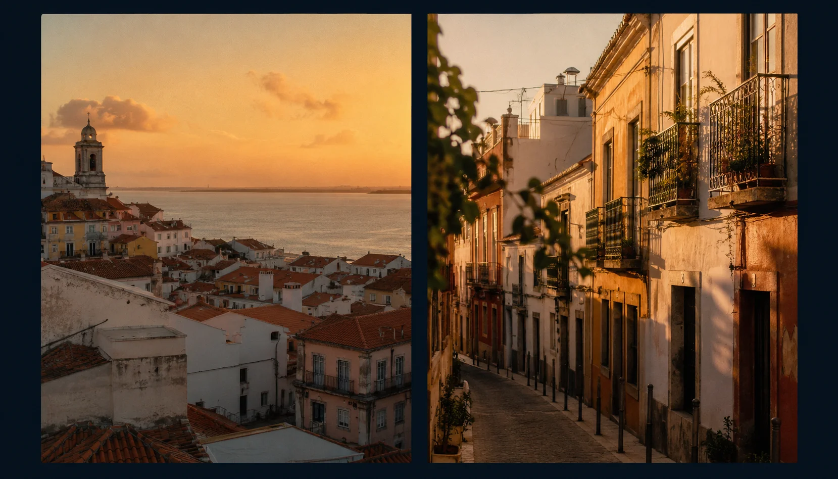 Diptyque au coucher du soleil montrant les toits de Lisbonne et une rue espagnole aux façades chaleureuses.