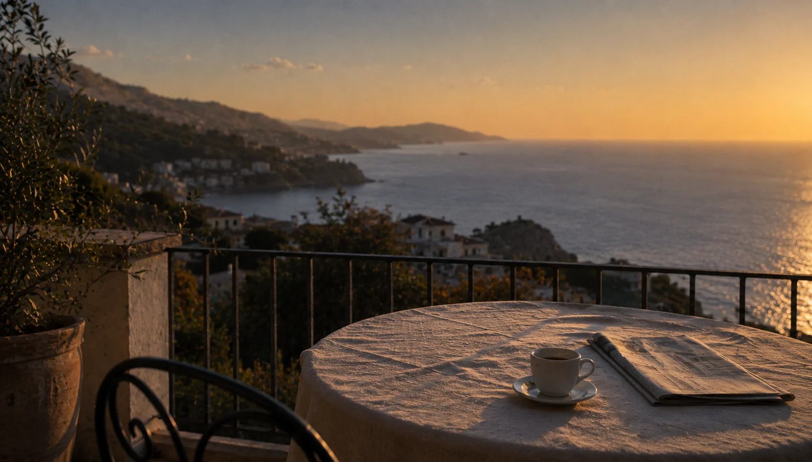 Terrasse méditerranéenne au coucher du soleil, avec une tasse de café face à la mer et aux collines côtières.