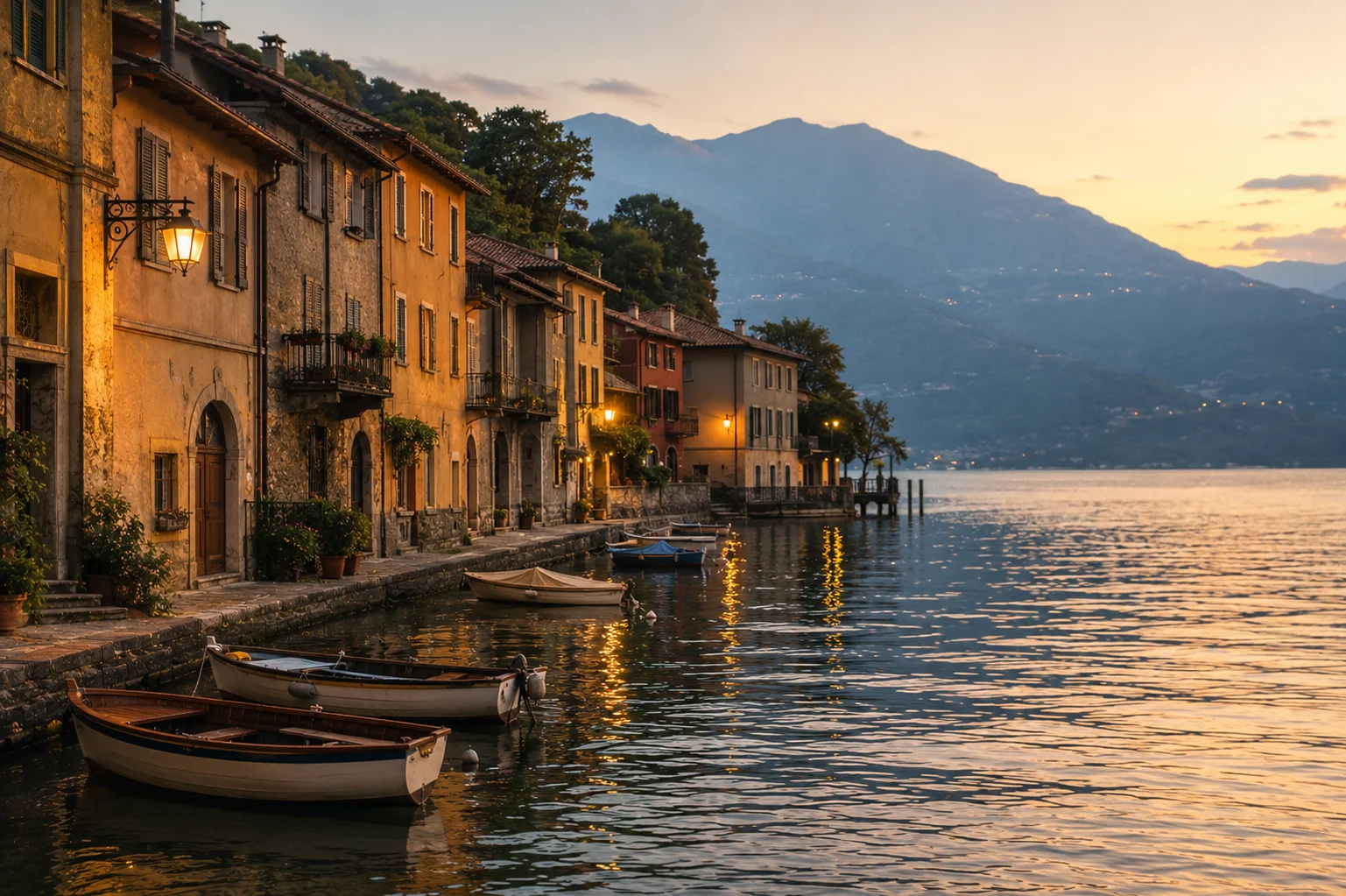 Village italien au bord d’un lac au coucher du soleil, avec façades colorées, petites barques et montagnes dans la brume.