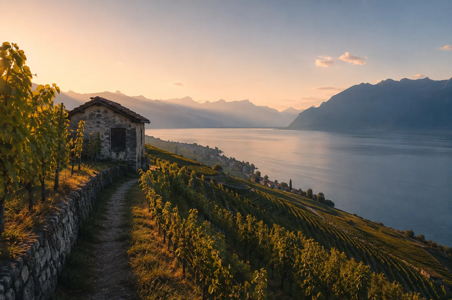 Vignobles en terrasses de Lavaux au coucher du soleil, dominant le lac Léman et les montagnes.