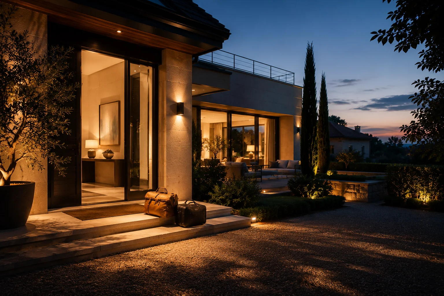 Maison contemporaine haut de gamme au crépuscule, avec grandes baies vitrées éclairées, jardin paysager et bagages devant l’entrée.