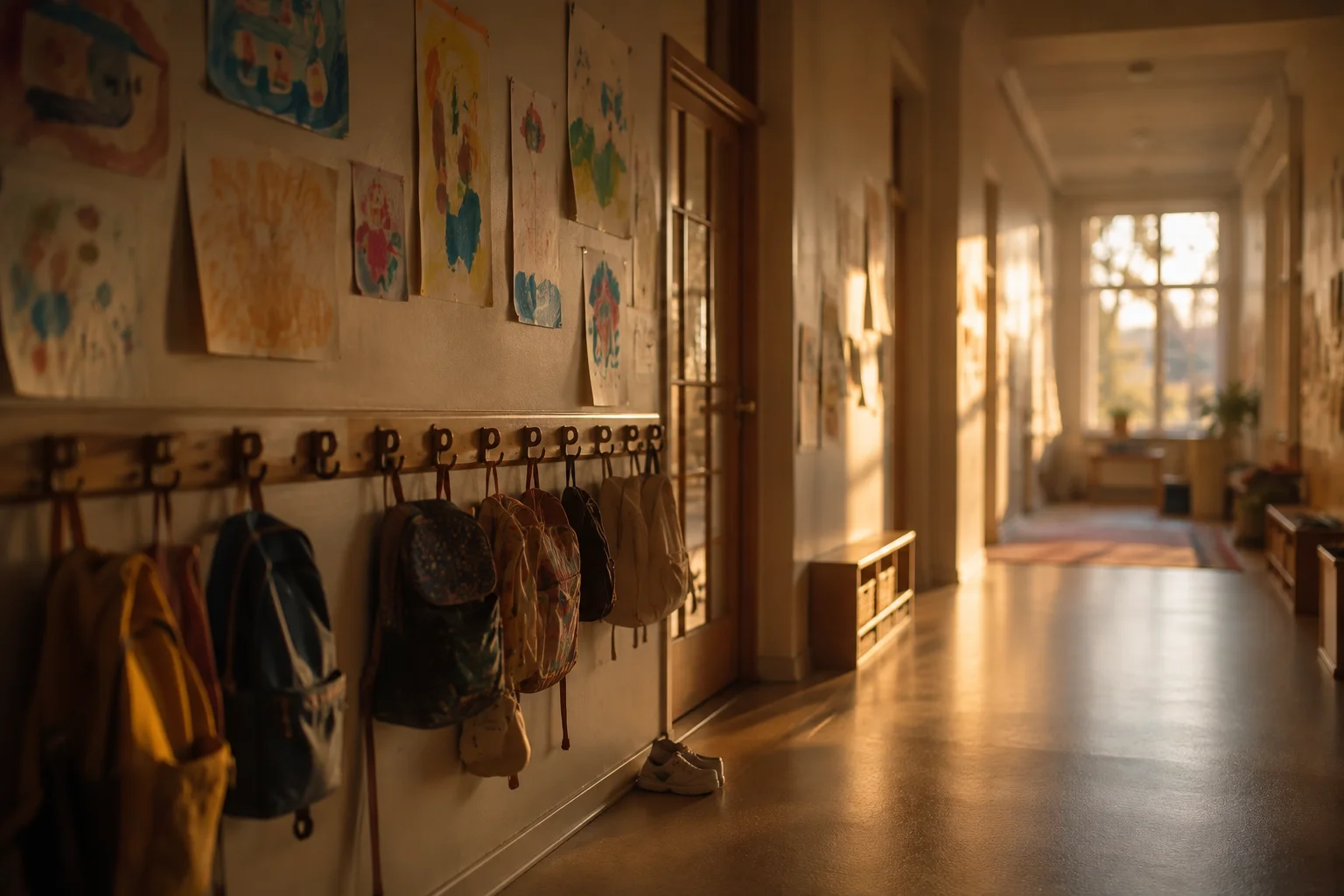 Couloir d’école baigné de lumière dorée, avec petits sacs à dos, dessins d’enfants et chaussures posées près d’une porte.