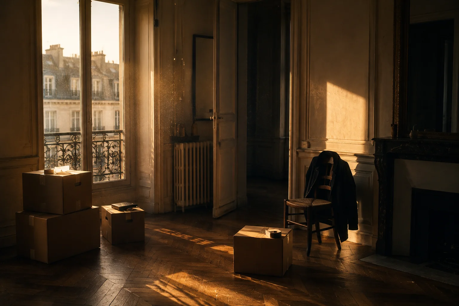 Appartement parisien en cours de déménagement, avec cartons, parquet ancien et lumière dorée entrant par une grande fenêtre.
