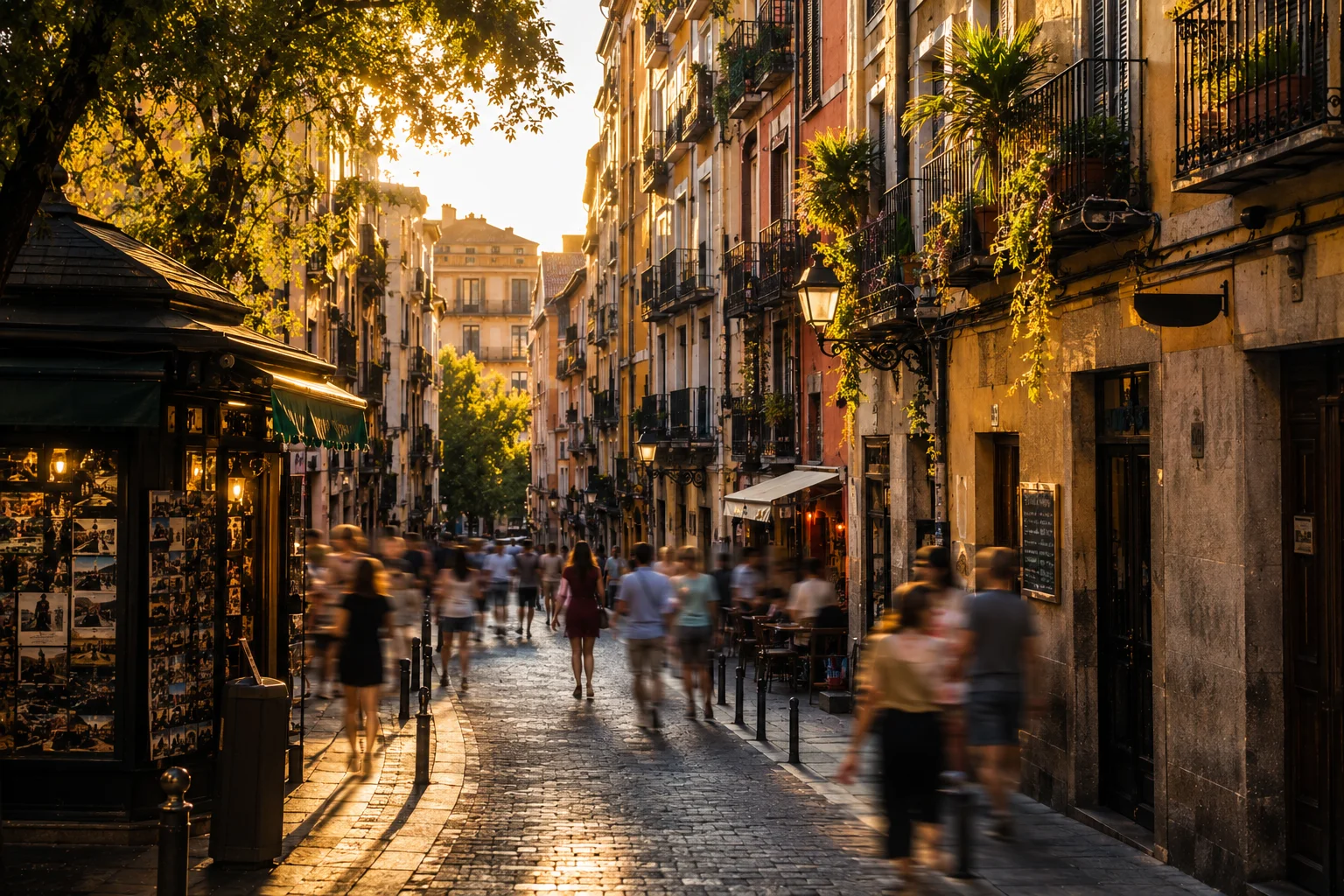 Rue animée de Madrid à la lumière dorée, avec façades colorées, balcons végétalisés et passants floutés par le mouvement.