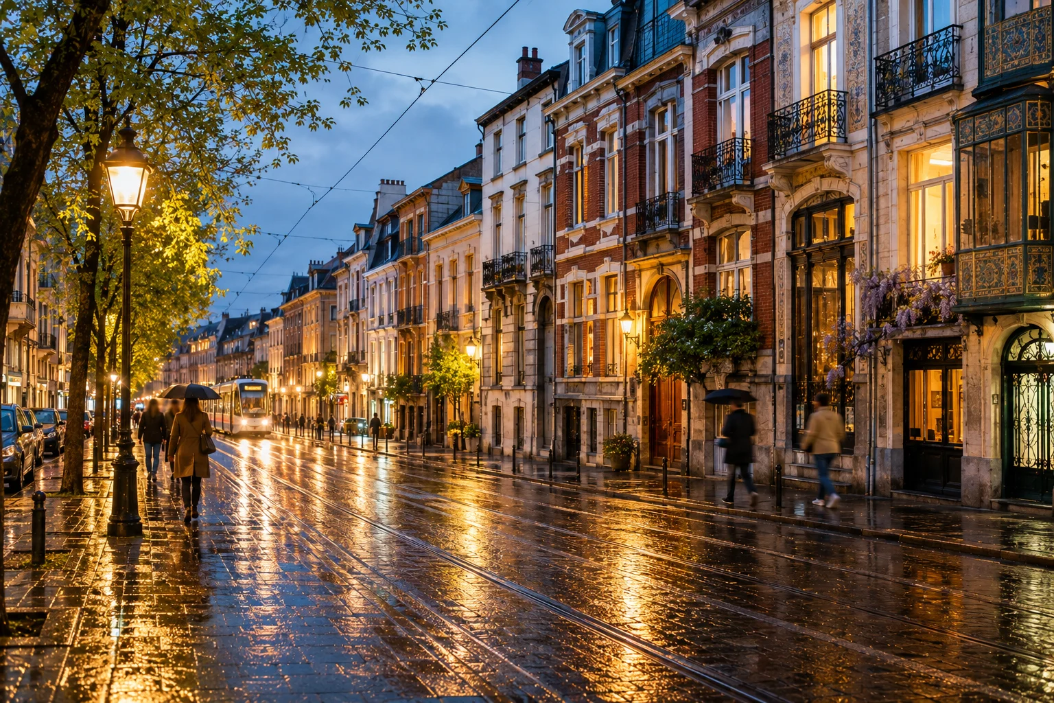 Rue bruxelloise après la pluie au crépuscule, avec façades Art nouveau, tramway, reflets lumineux et passants floutés.