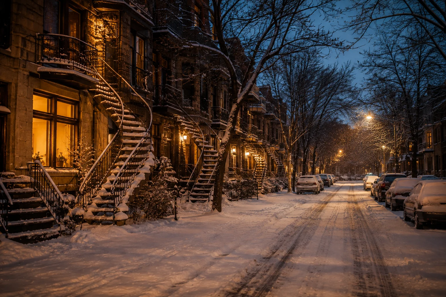 Rue résidentielle de Montréal enneigée au crépuscule, avec escaliers extérieurs, fenêtres éclairées et traces de pneus dans la neige.