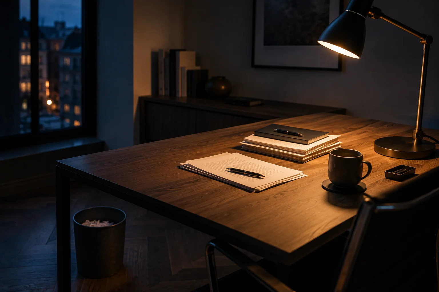 Bureau contemporain éclairé le soir, avec quelques documents organisés, une lampe allumée et la ville visible dans la pénombre.