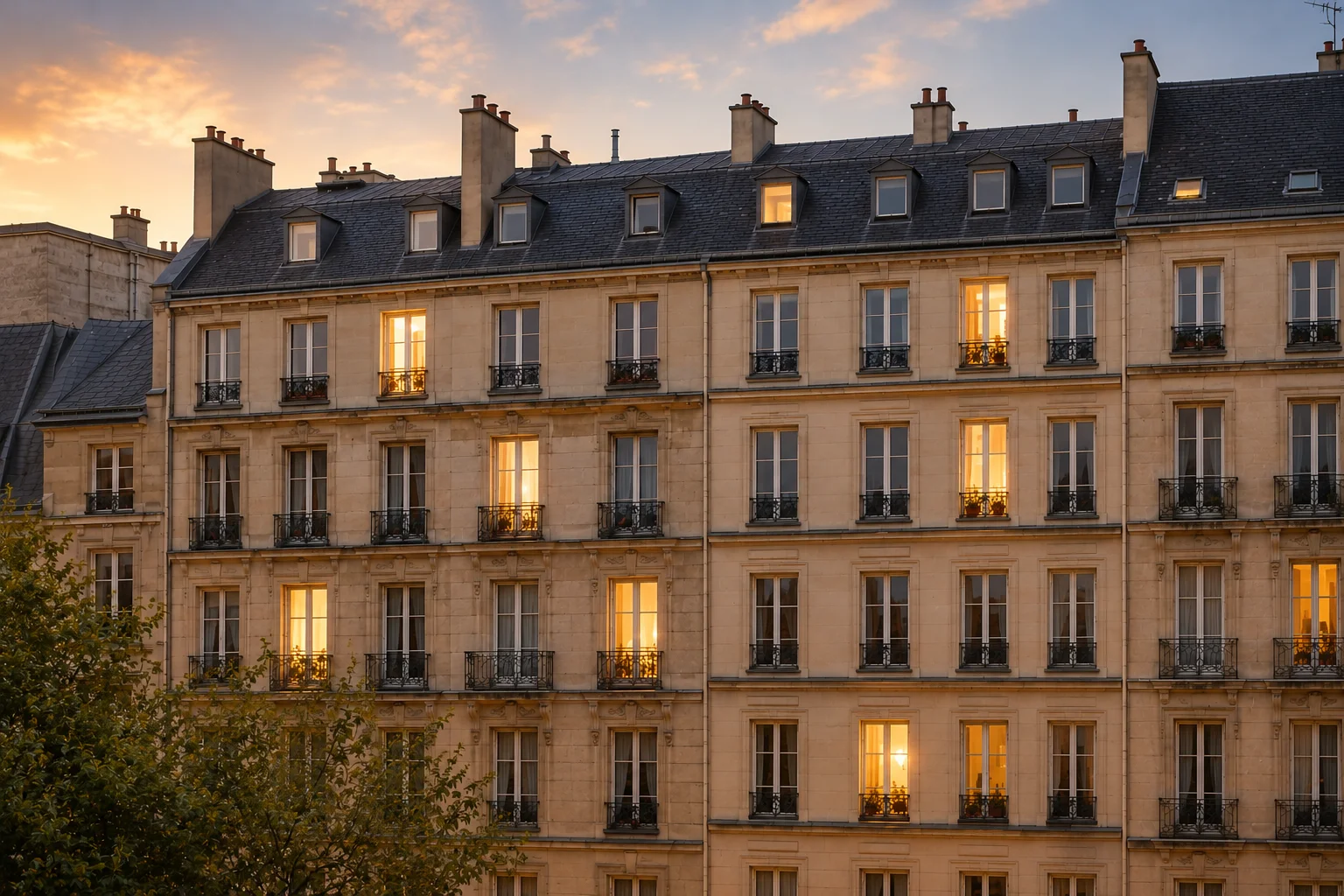 Façade résidentielle au crépuscule, avec quelques fenêtres éclairées de façon irrégulière sous un ciel aux tons chauds et bleutés.