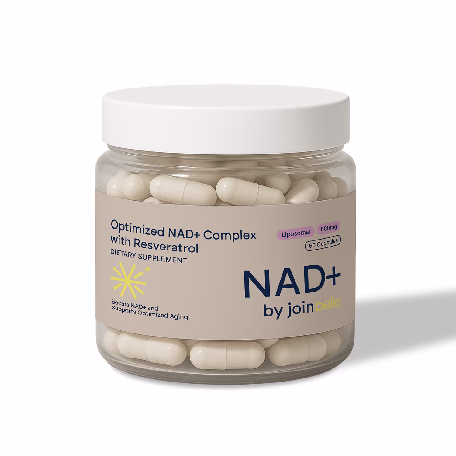 Clear jar with white lid containing white capsules labeled Optimized NAD+ Complex with Resveratrol dietary supplement by joinbelle.