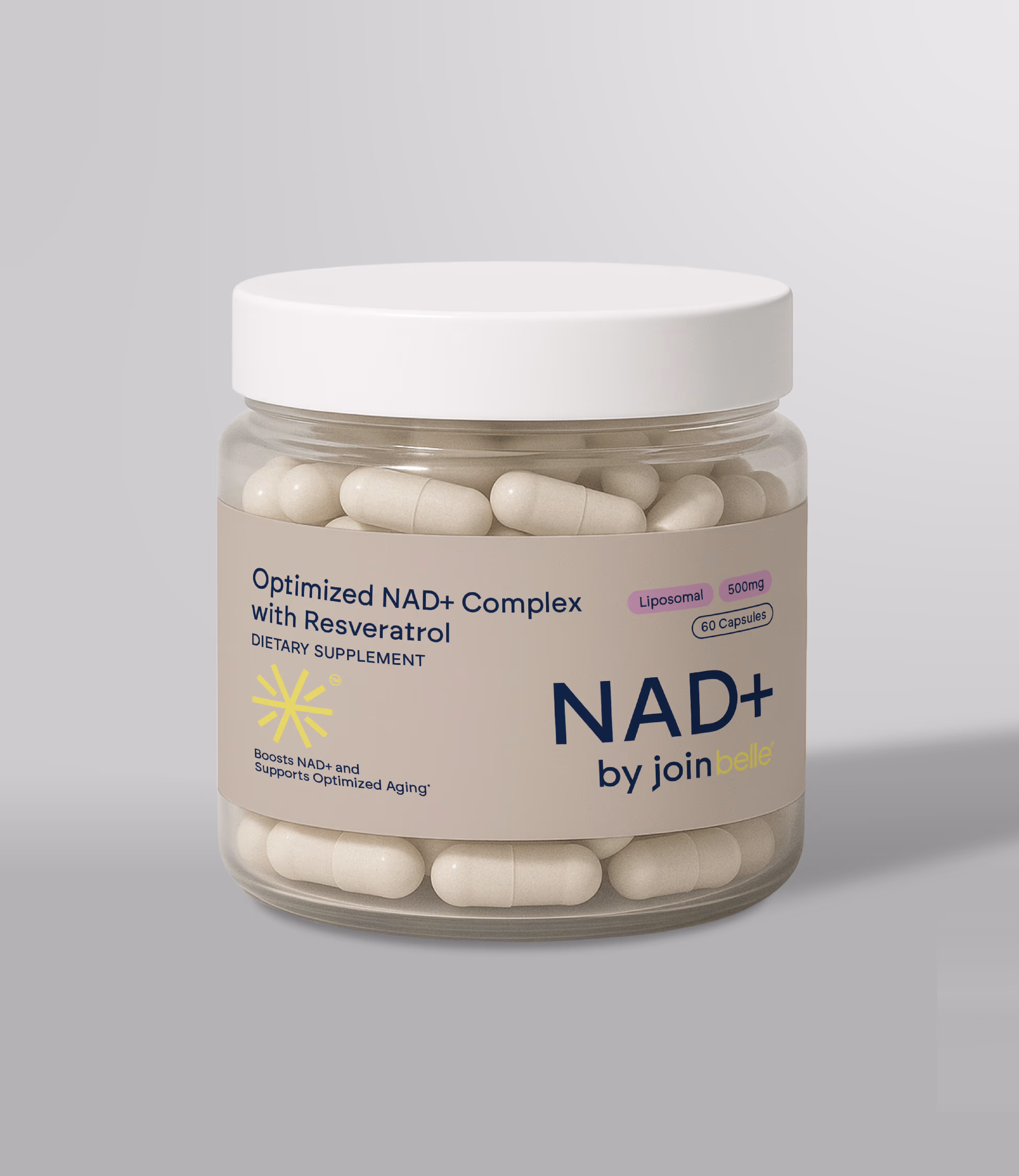 Jar of dietary supplement capsules labeled 'Optimized NAD+ Complex with Resveratrol' containing 60 liposomal capsules of 500mg by joinbelle.