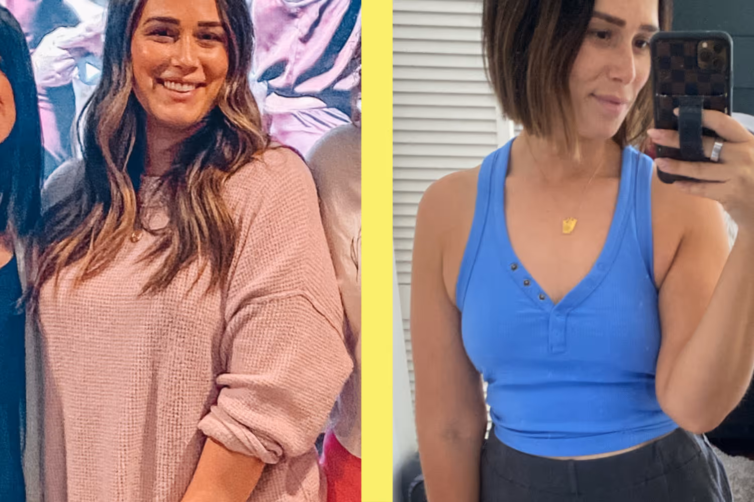 Woman's before and after photos showing visible weight loss results with Belle's GLP-1 program