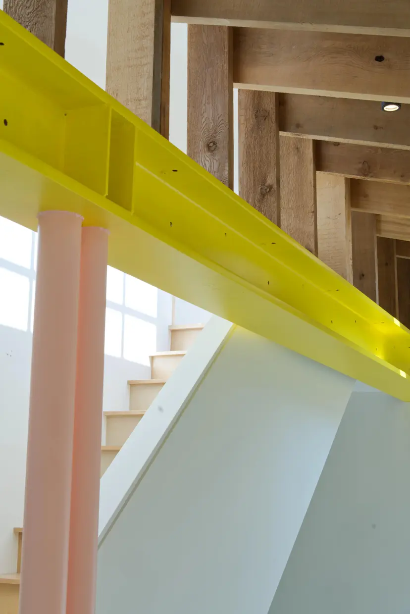 Banbury interior stairway i-beam and timber frame detail
