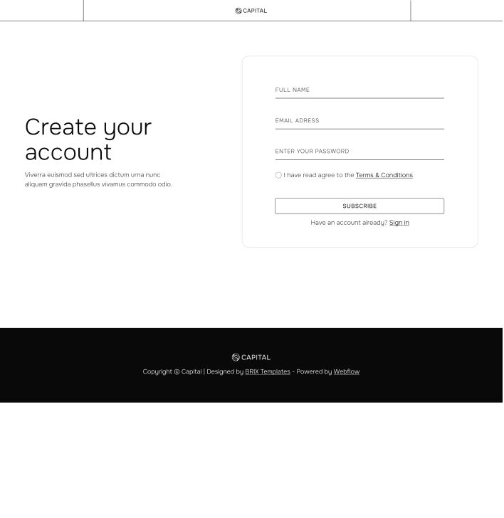 Capital - Sign Up Utility Page - Venture Capital Webflow Template | Brix Templates