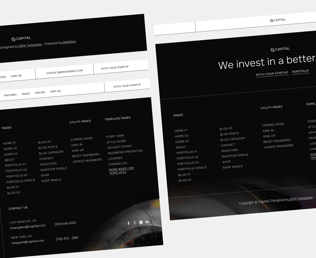 Capital - 3 Headers And Footers - Venture Capital Webflow Template | Brix Templates