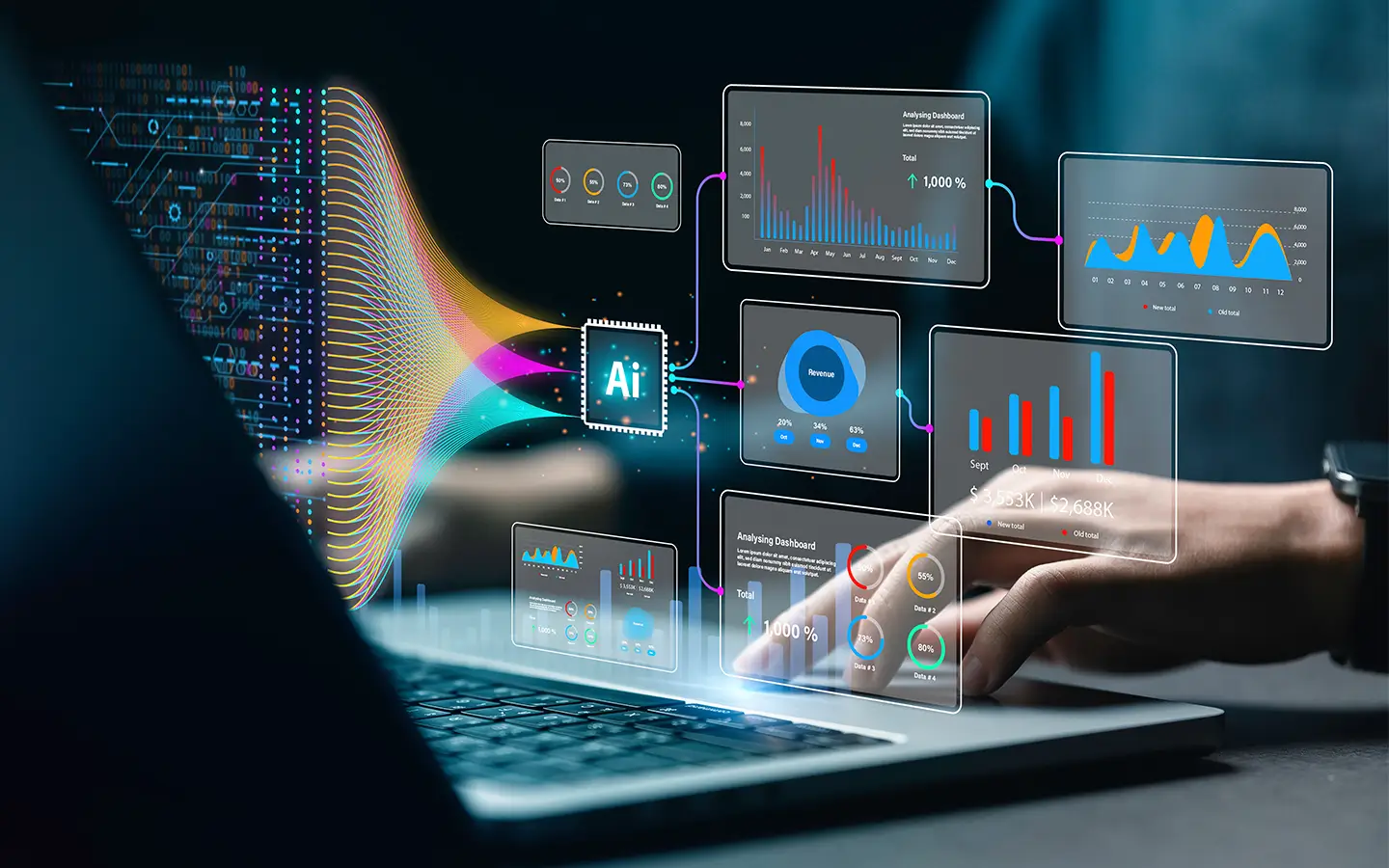 A projection of an AI workflow with data being transformed into meaning