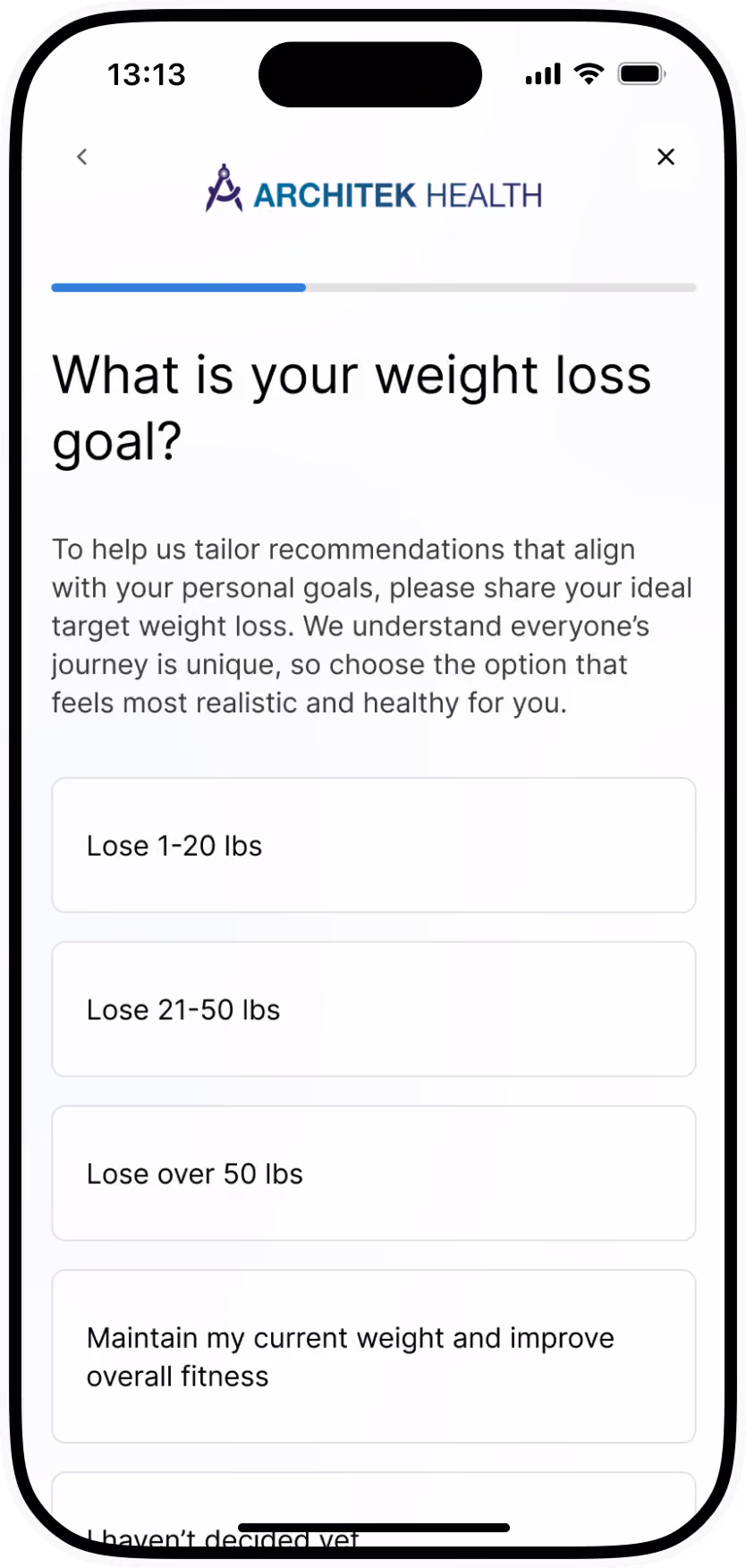 Mobile screen asking for weight loss goals with options ranging from losing 1-20 lbs to maintaining weight.