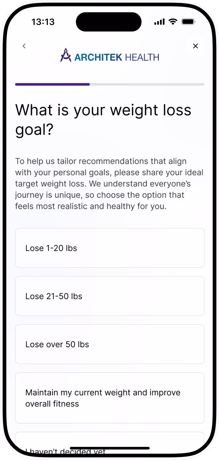 Mobile screen showing Architek Health survey asking about weight loss goals with four selectable options.