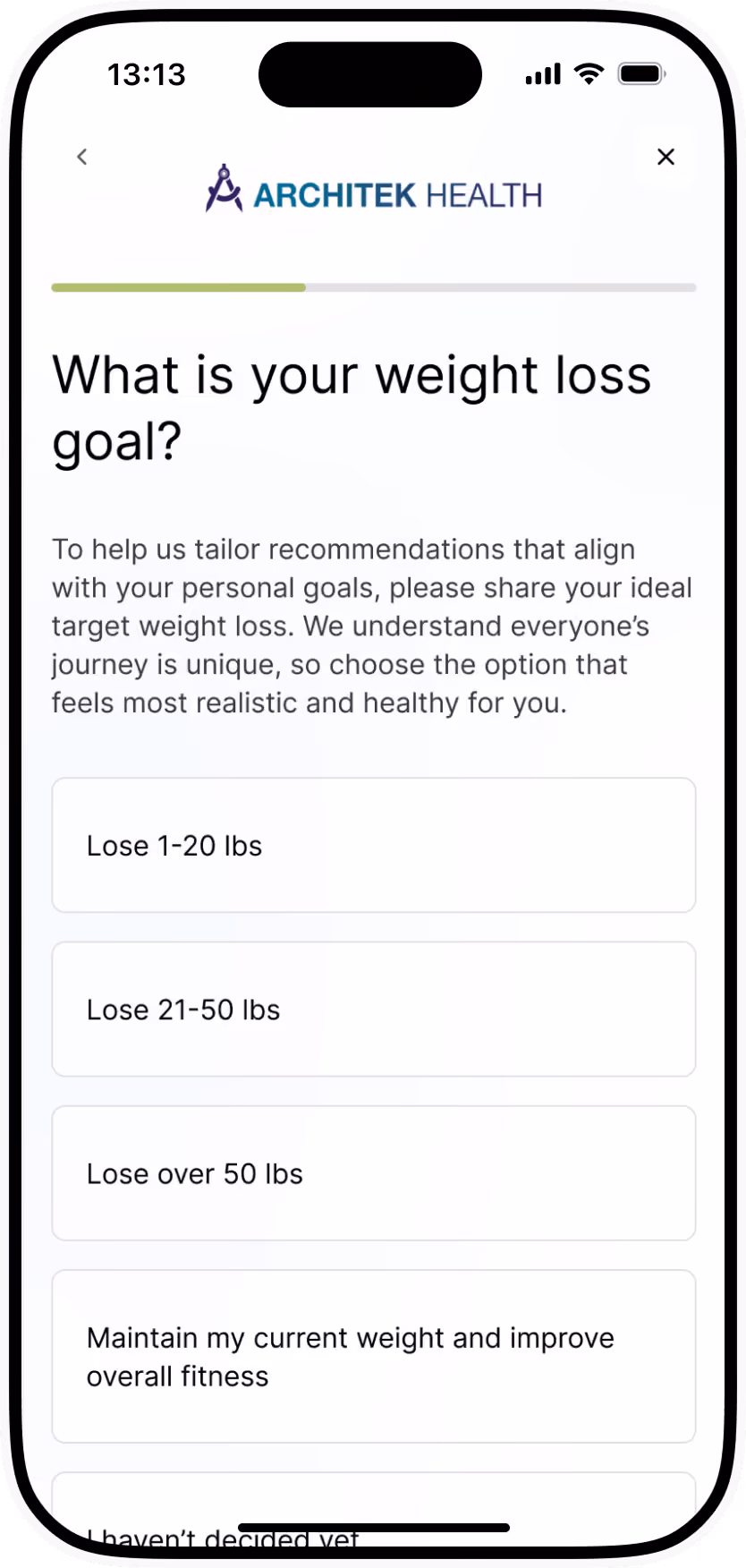 Mobile screen showing weight loss goal options including losing 1-20, 21-50, over 50 lbs, or maintaining weight.