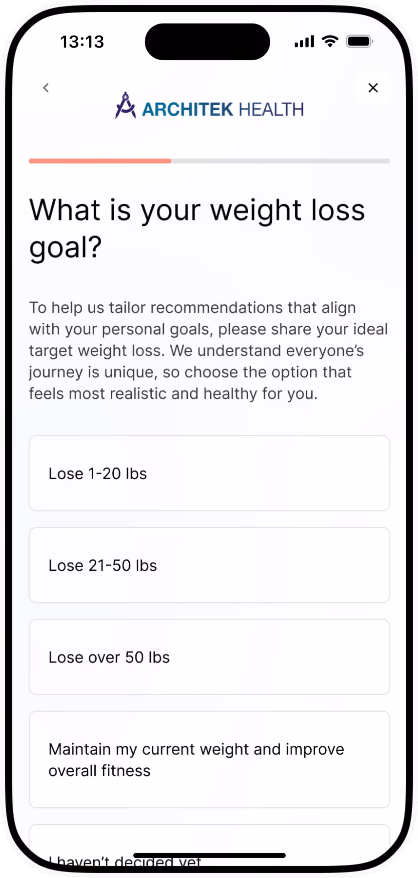 Mobile screen showing Architek Health app asking user's weight loss goal with multiple choice options.