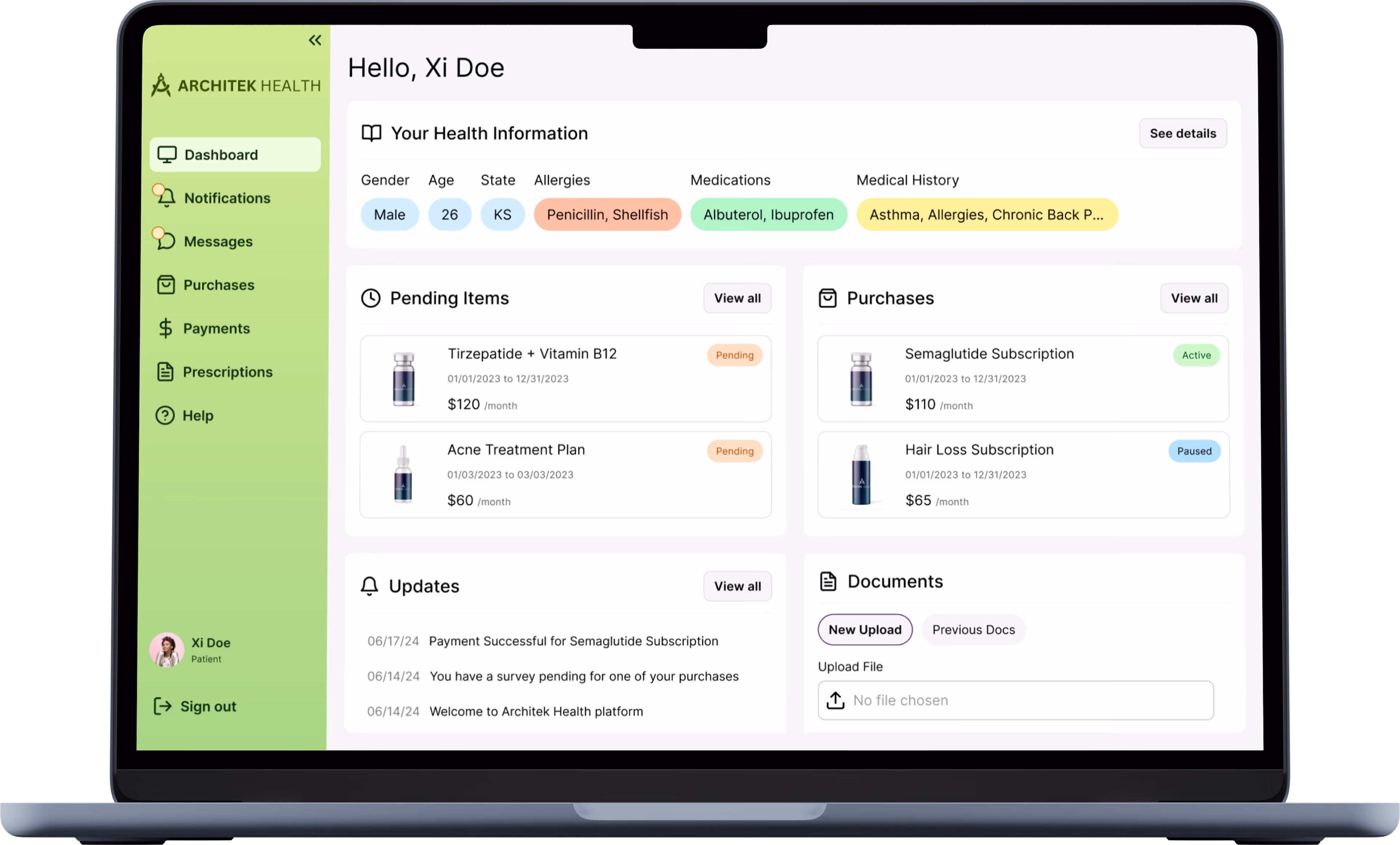 Health dashboard for Xi Doe showing info, pending items, purchases, updates, and document upload section.