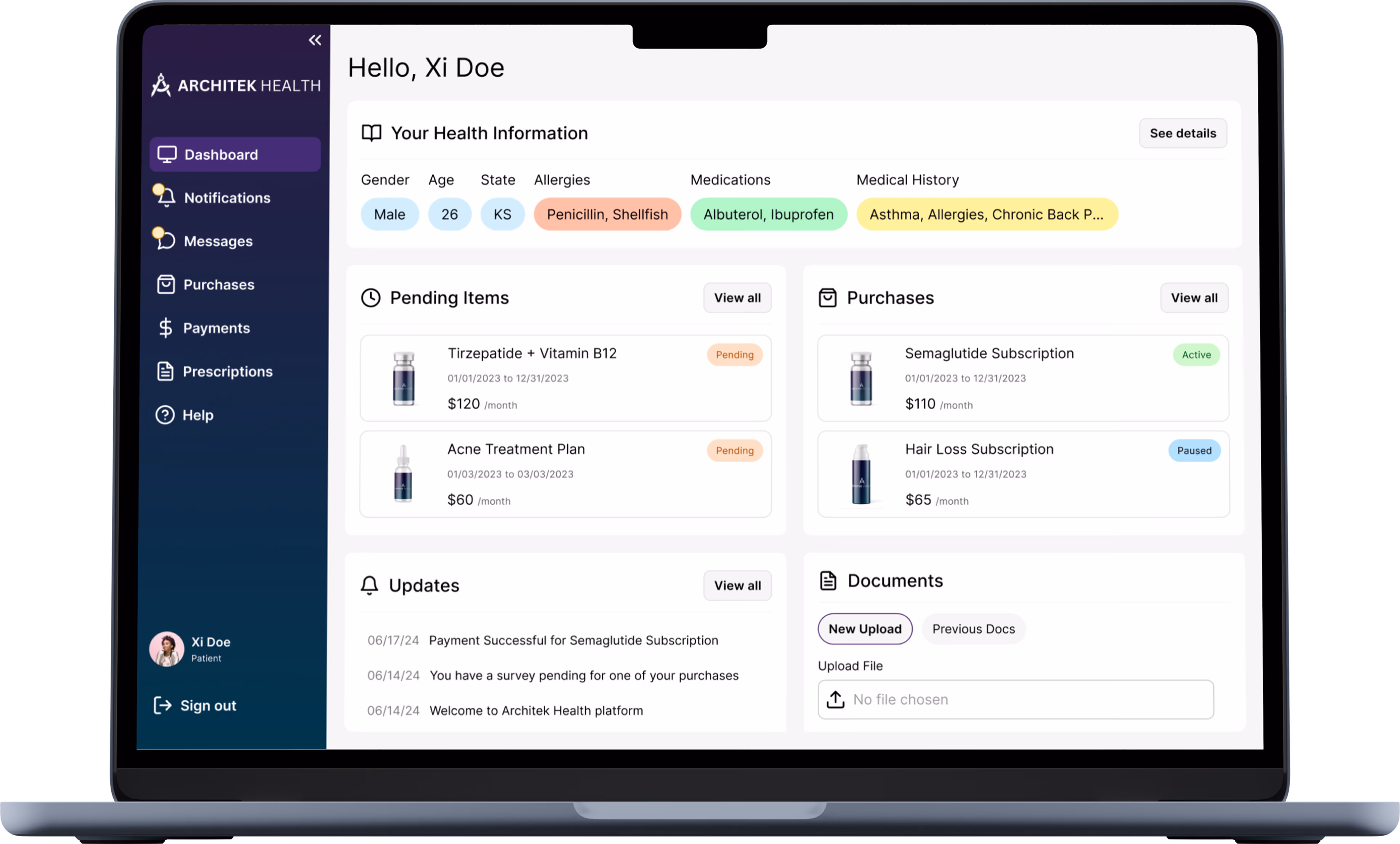 Laptop showing Architek Health dashboard with user info, pending items, purchases, updates, and document upload.