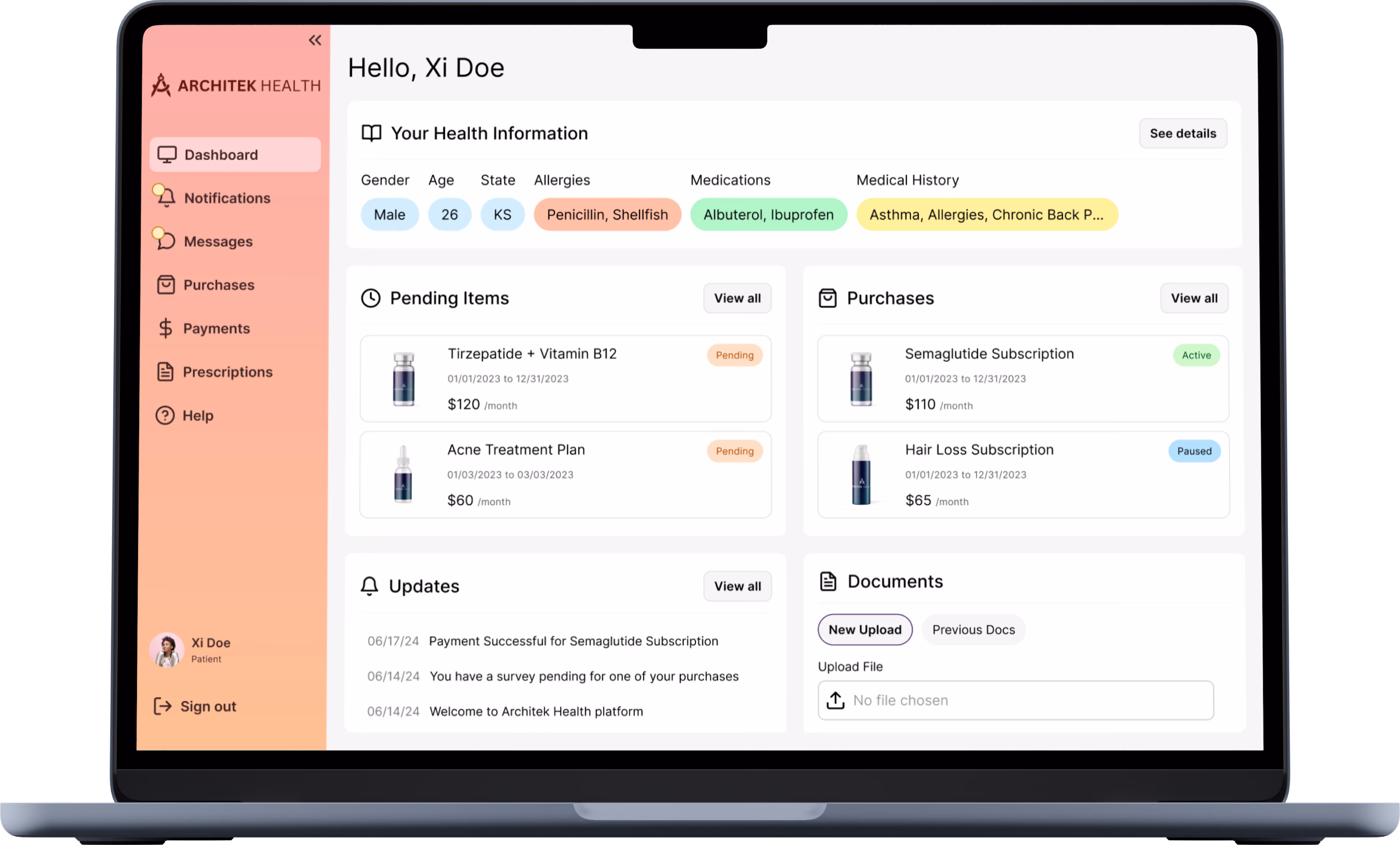 Health dashboard showing user info, pending items, purchases, updates, and document upload section.