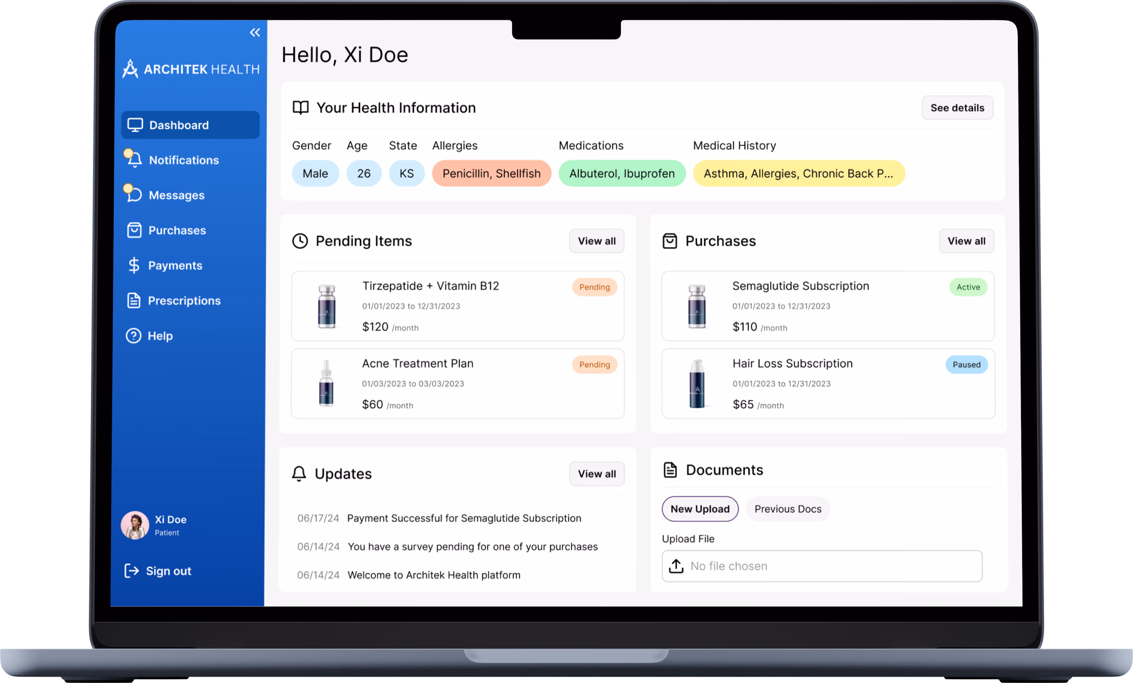 Health app dashboard showing user info, pending items, purchases, updates, and document upload options.
