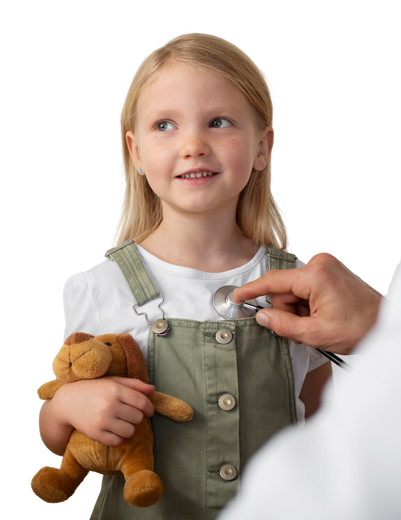 Child at dermatologist with teddy bear. 