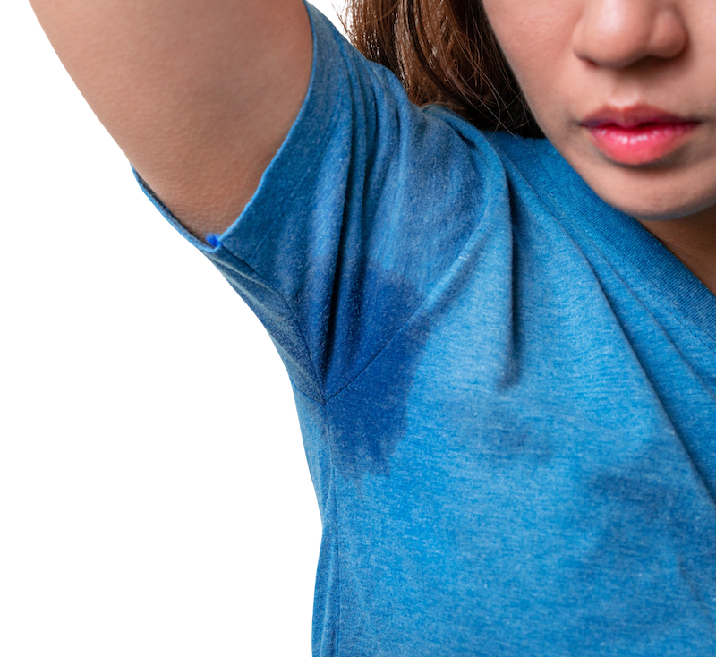 Women lifting arm to show sweating. 