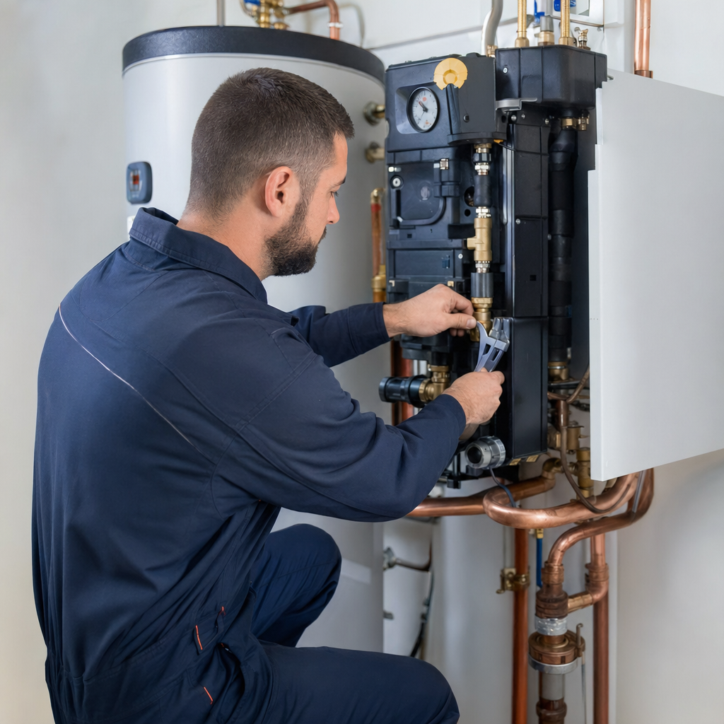 Technicien chauffagiste RGE en uniforme bleu marine ajustant le module hydraulique intérieur d'une pompe à chaleur dans un local technique propre d'une villa de Mougins, manomètres et tuyauterie cuivre visibles, ambiance professionnelle réaliste — Mougins