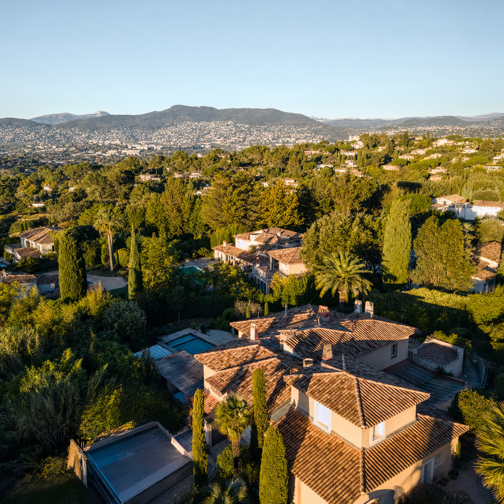 Vue aérienne au drone de toits de villas du quartier résidentiel de Mougins avec collines boisées des Alpes-Maritimes en arrière-plan, ciel dégagé, lumière dorée matinale, ambiance Côte d'Azur paisible — Mougins