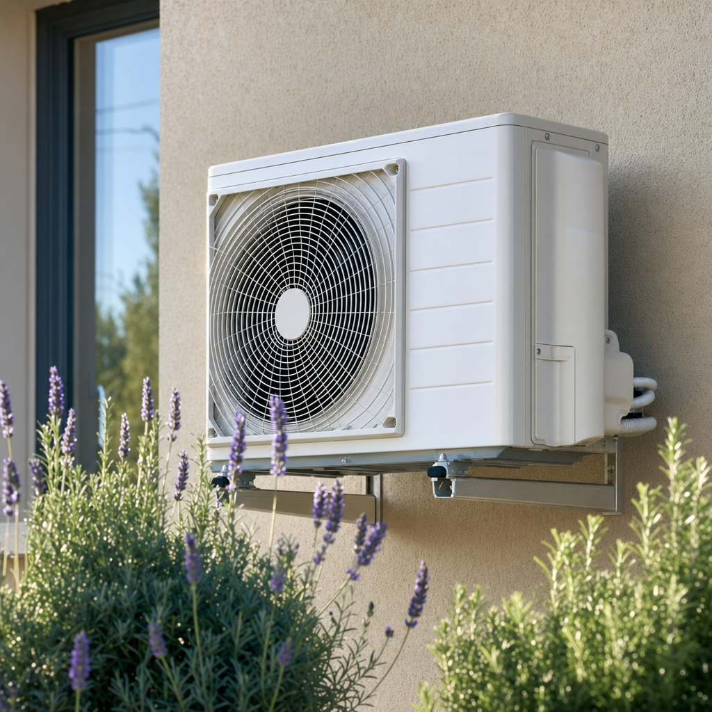 Plan rapproché d'une unité extérieure de pompe à chaleur air-eau Daikin ou Atlantic blanche fixée sur support mural d'une villa à Aubagne, mur enduit chaux beige, végétation méditerranéenne lavande et romarin au premier plan, lumière naturelle de matinée, photographie professionnelle — Aubagne
