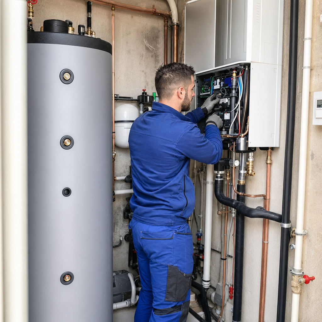 Technicien RGE QualiPAC en tenue de travail bleue ADSolar effectuant la mise en service d'une pompe à chaleur air-eau dans un local technique de maison à Aubagne, ballon tampon visible, tuyauterie cuivre et raccords PER, ambiance professionnelle, photographie réaliste éclairage industriel — Aubagne