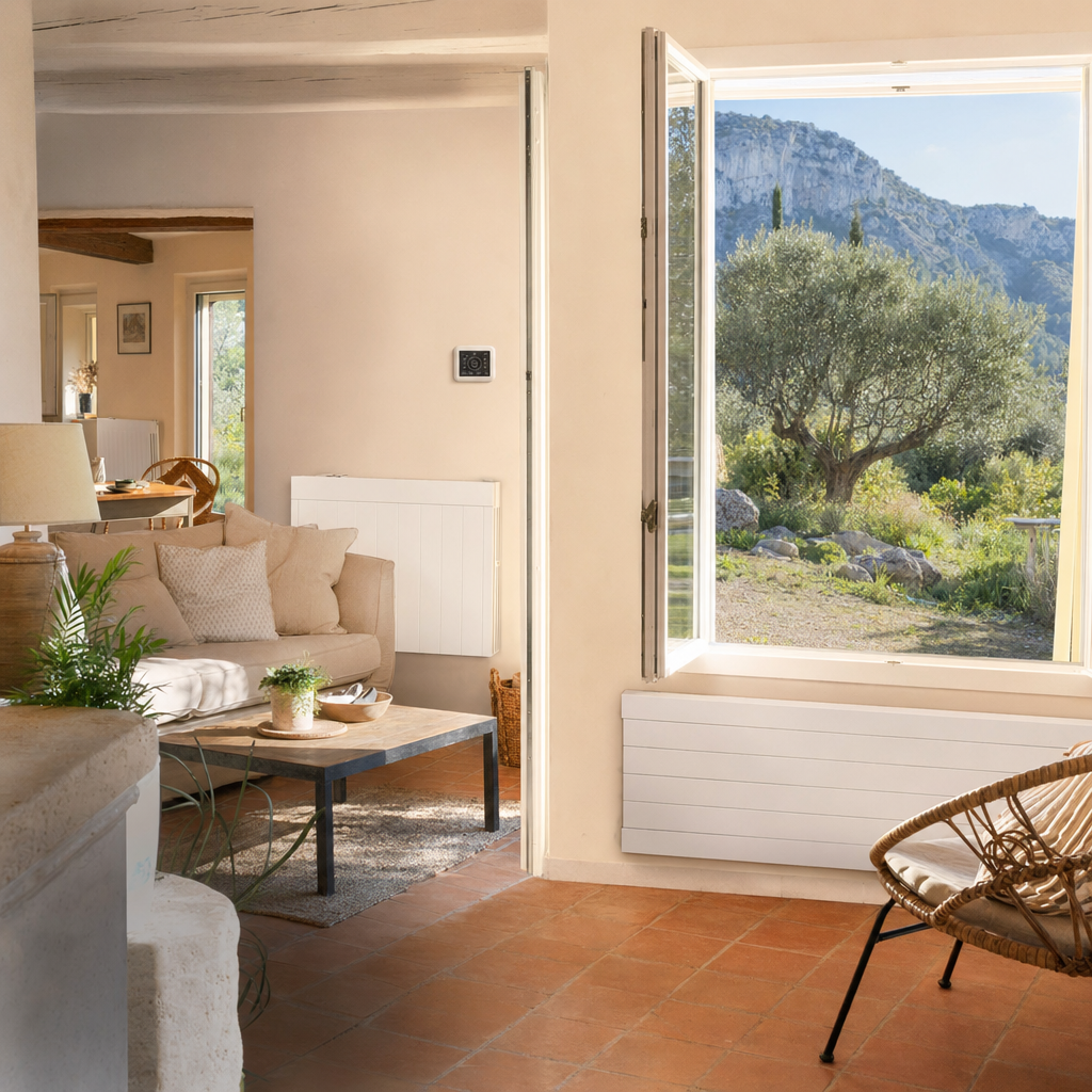 Vue intérieure d'un salon provençal lumineux à Aubagne avec radiateurs basse température en acier blanc et plancher chauffant carrelage tomette, thermostat connecté au mur, fenêtres ouvertes sur jardin méditerranéen, ambiance hiver doux, lumière naturelle, rendu photographique réaliste — Aubagne