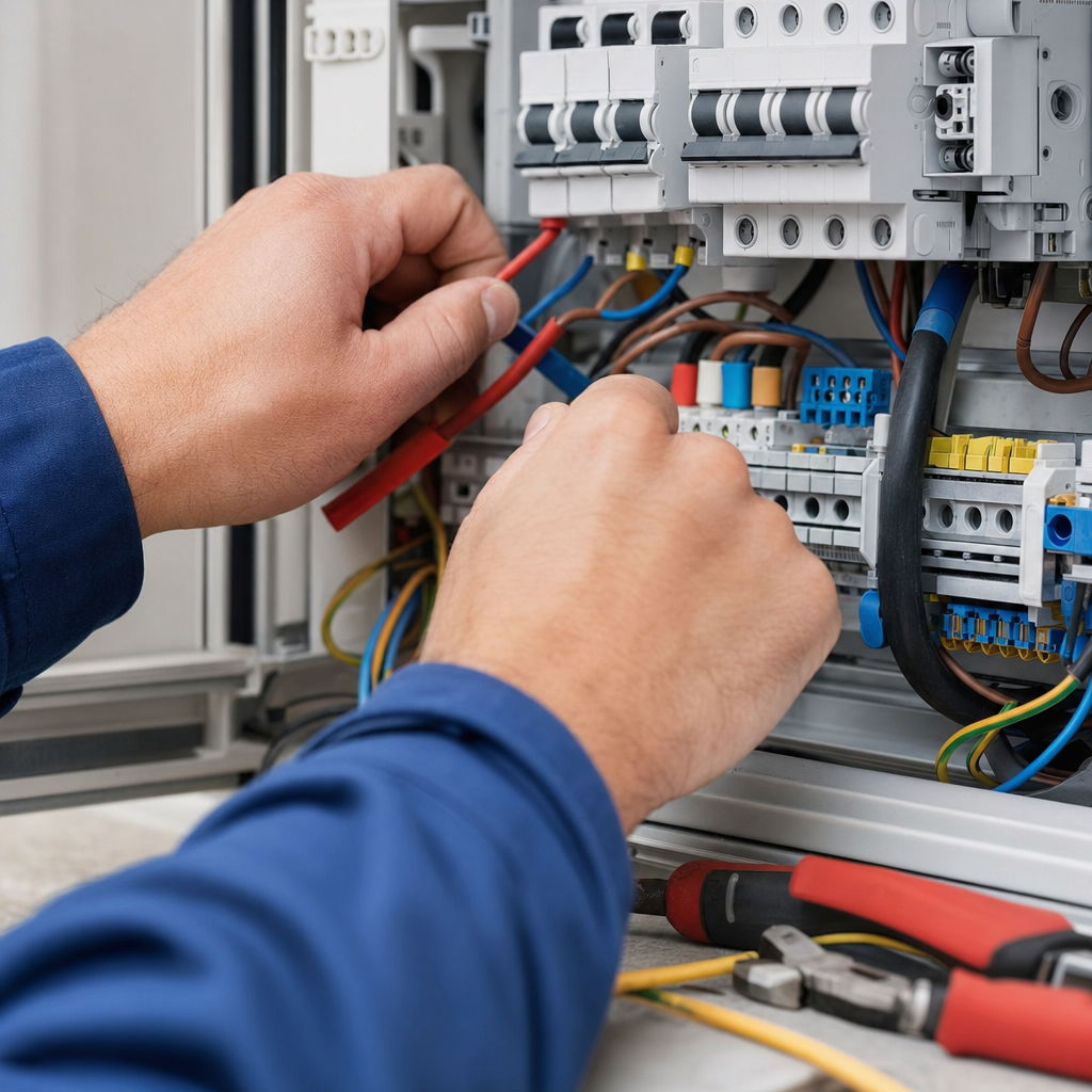 Gros plan sur les mains d'un technicien IRVE en uniforme bleu en train de câbler un tableau électrique pour borne de recharge, outils visibles, environnement domestique propre, lumière naturelle, photographie documentaire — Vitrolles