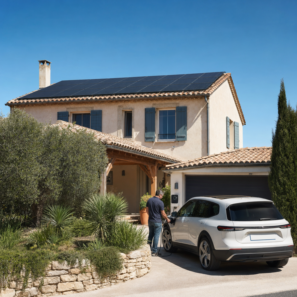 Borne de recharge connectée à des panneaux solaires sur toit de maison provençale, voiture électrique en charge, soleil intense de PACA, vue large montrant la maison entière et les panneaux photovoltaïques, qualité éditoriale — Vitrolles